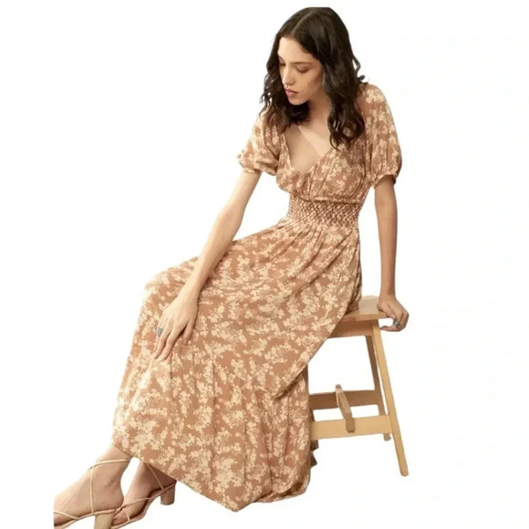 By the River Boho Floral Neutral Beige Midi Tiered Prairie Dress Womens Large - Picture 1 of 12